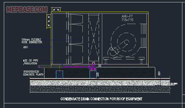Condensate drain connection detail DWG for roof-mounted HVAC equipment