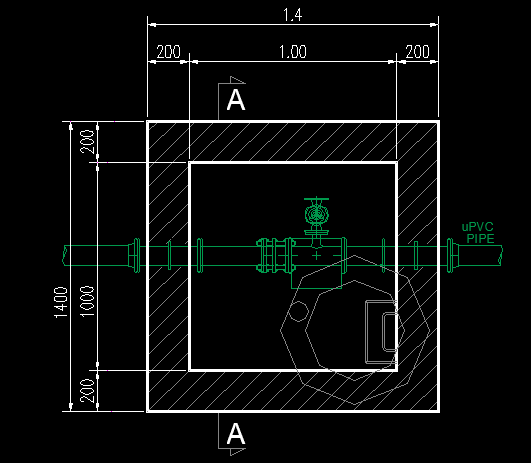 RCC external network manhole section detail showing base slab, wall thickness, and heavy-duty cover for underground water pipeline system in DWG format