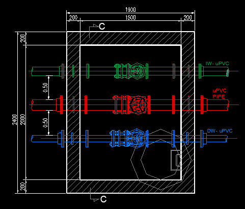 Fire fighting underground pipeline valve chamber detail with thrust block and isolation valve arrangement in CAD drawing