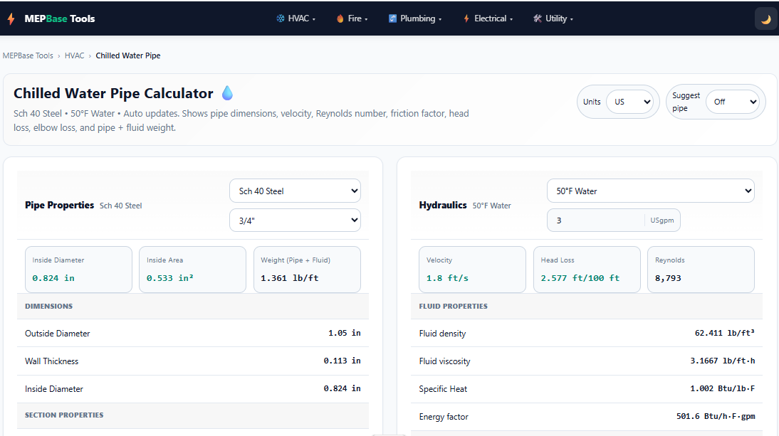Online Chilled Water Pipe Sizer
