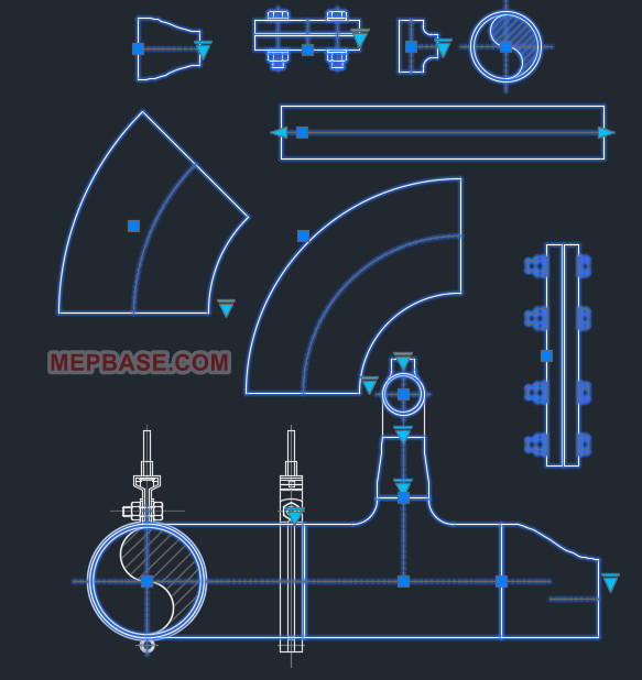 Black steel pipe dynamic block with click size options and up down elbow in AutoCAD