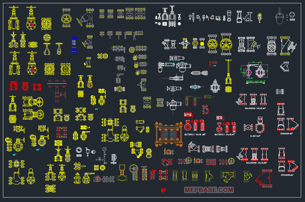 Pipe Fitting CAD Blocks free download preview with valves and gauges in AutoCAD DWG