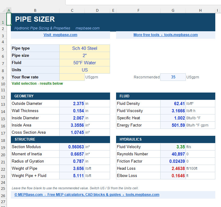Chilled Water Pipe Sizer Excel Sheet Free Download 2026