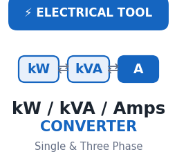kW to kVA to Amps converter calculator for single and three phase systems