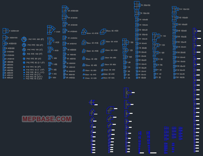PVC pipe and fitting dynamic blocks DWG preview — elbow, tee, cross, coupling, reducer, end cap