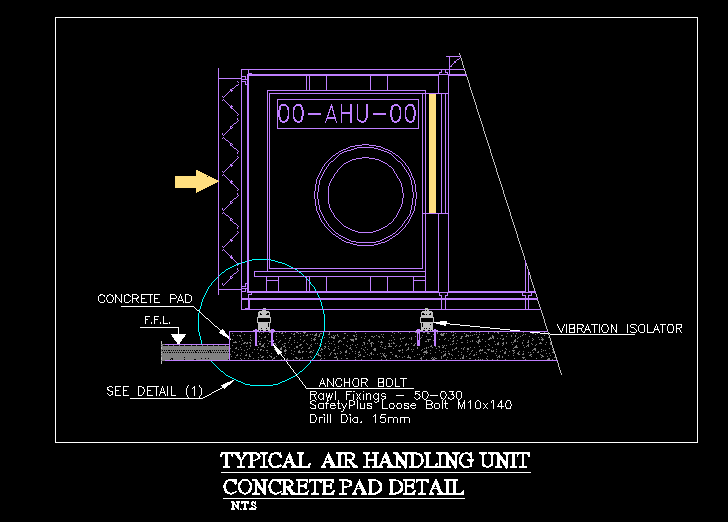 Typical air handling unit concrete pad detail with vibration isolator and anchor bolt.