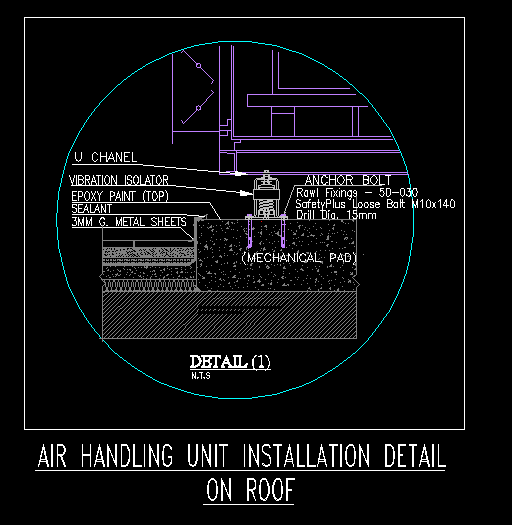 AHU roof curb detail showing vibration isolator, sealant and galvanized flashing.