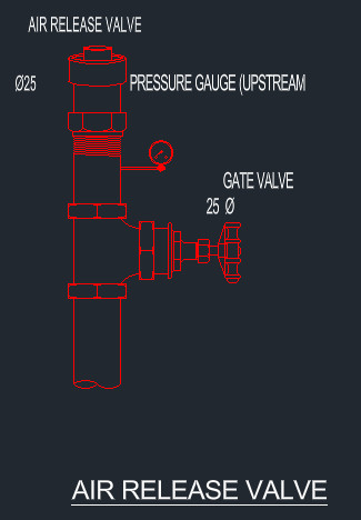 Air release valve detail with 25 mm connection, upstream pressure gauge and gate valve on fire fighting riser