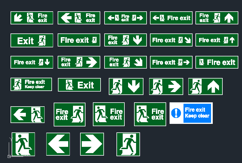 AutoCAD exit signs CAD block library showing 30 ISO 7010 fire exit, running man and directional arrow symbols in green and white