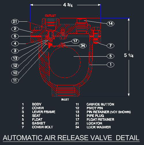 Automatic air release valve cutaway parts detail showing body, float, seat, lever frame, orifice button and pipe plug
