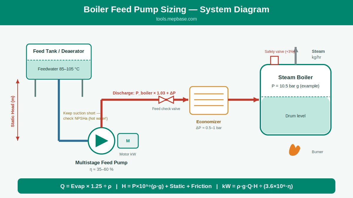 Boiler feed pump sizing diagram showing feed tank, multistage pump, economizer and steam boiler with flow, head and power formulas