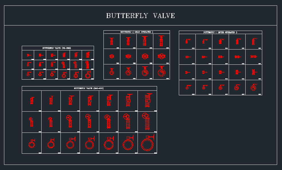 Butterfly valve CAD blocks DWG - lever operated and gear operated wafer type DN65 to DN600