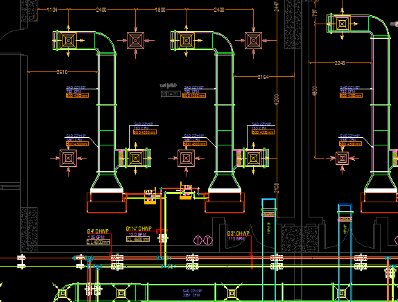 Chilled water piping shop drawing in AutoCAD DWG showing CHWP pipe sizes and GPM flow tags with FCU connections