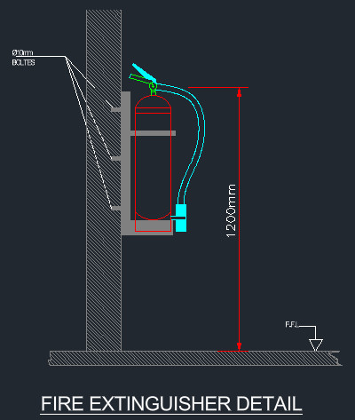 Fire extinguisher wall mounting detail with bracket on 10 mm bolts installed at 1200 mm above finished floor level