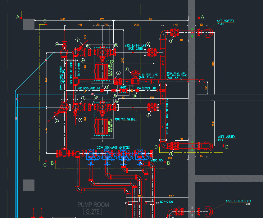Fire pump room layout plan DWG showing 200 mm suction lines from water tank, discharge manifold, test line and anti-vortex plates