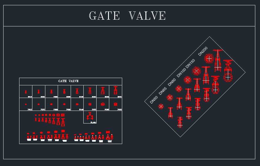 Gate valve CAD blocks DWG - DN15 to DN200 plan, elevation and pictorial views