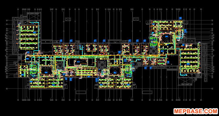 HVAC shop drawing DWG free download showing complete ground floor duct layout in AutoCAD with CFM tags