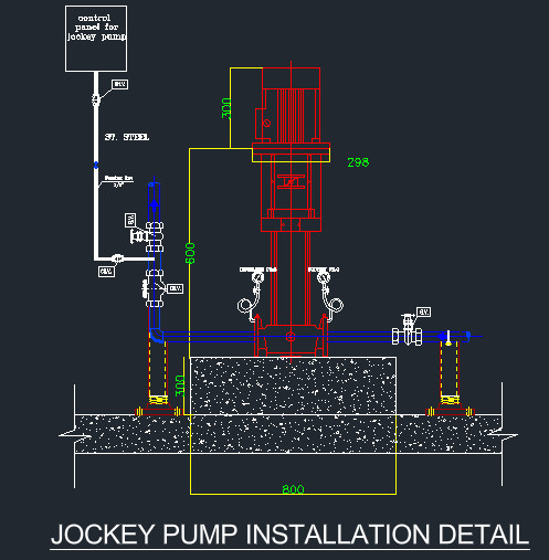 Jockey pump installation detail with vertical multistage pump on concrete pad, suction and discharge valves and control panel