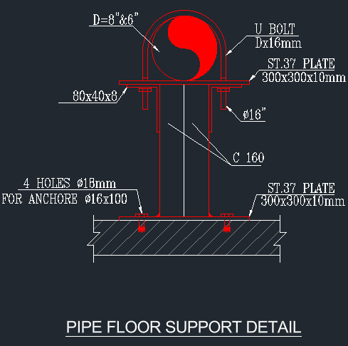 Fire pipe floor support detail with U-bolt on C160 channel post and ST37 base plates 300x300x10 mm anchored to slab