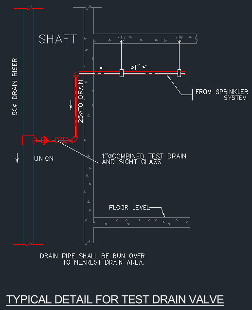 Typical test drain valve detail with 1 inch combined test drain and sight glass connected to 50 mm drain riser in shaft