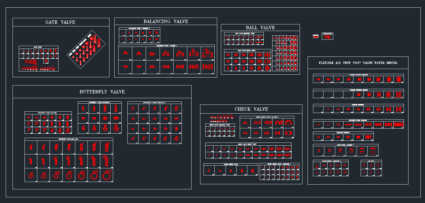 Valve CAD blocks DWG free download - complete sheet with gate, ball, butterfly, check and balancing valves