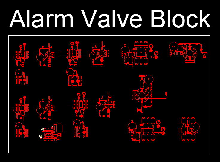 Alarm valve CAD block set showing wet alarm valve assemblies in elevation and plan views