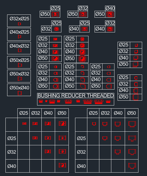 Fire fighting threaded fittings CAD blocks free download DWG with tees, elbows, couplings and bushing reducer