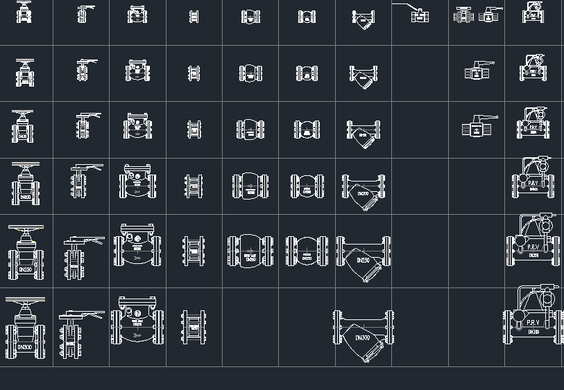 PPR fittings CAD block library showing elbows, tees, adapters, unions and sockets from ø20 to ø200 mm