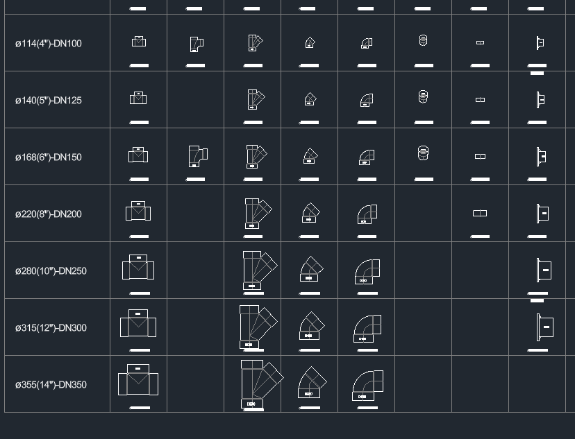 AutoCAD dynamic block library of welded steel and stainless steel pipe fittings with elbows, tees and flanges from DN15 to DN800