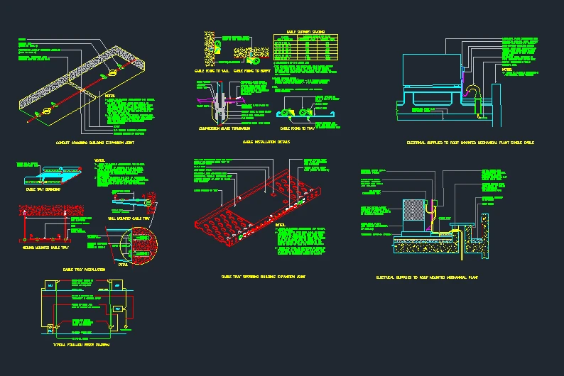 Cable tray installation details DWG of conduit crossing a building expansion joint, cable support spacing table, cable fixing to wall and soffit, compression gland termination, cable tray crossing expansion joint and roof mounted mechanical plant supply
