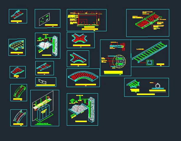 Cable tray installation details DWG of 3D cable tray fittings including reducers, elbows, inside and outside risers, tee, cross, expansion connector and wall and ceiling supports
