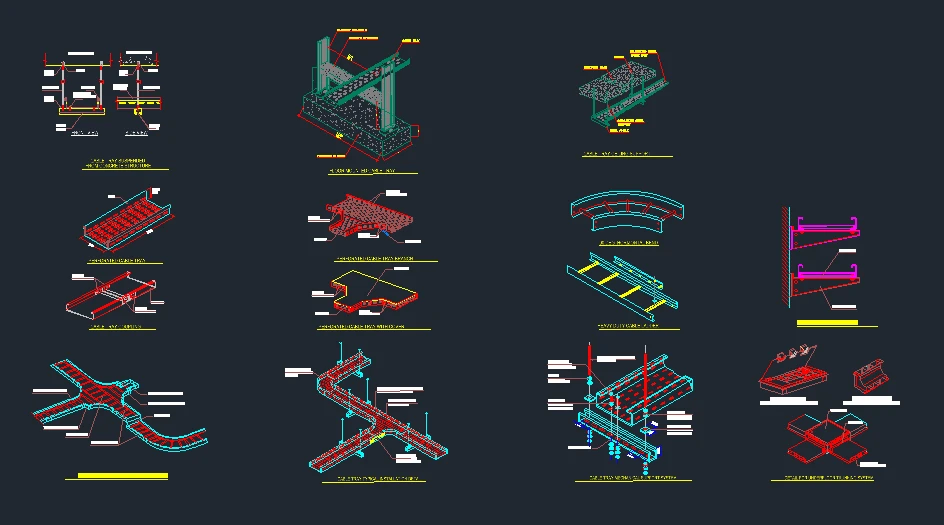 Cable tray installation details DWG sheet with suspended, floor mounted and ceiling supported cable tray, perforated tray fittings, cable ladder, wall mounted ladder, mechanical support system and underfloor trunking