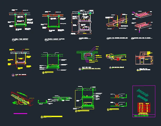 Cable tray installation details DWG with cable tray support, trapeze conduit support, expansion joint crossing, cable shaft, cable tray earthing, cable strap and telecom cable tray sizing chart