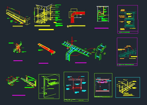 Cable tray installation details DWG of cable tray wall support, ceiling support system, cable ladder support and surface mounting of tray and L-rack
