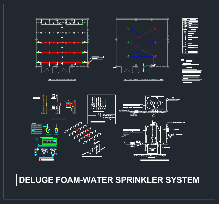 Deluge foam-water sprinkler system DWG showing sprinkler layout, fire detection and extinguishing layout, legends, notes and details