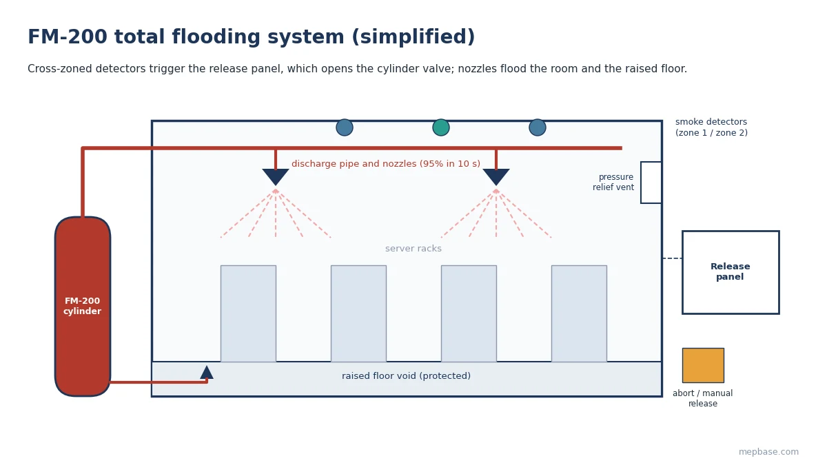 FM-200 calculation system schematic showing cylinder, discharge pipe and nozzles, cross-zoned detectors, release panel, abort and manual release, pressure relief vent and raised floor protection
