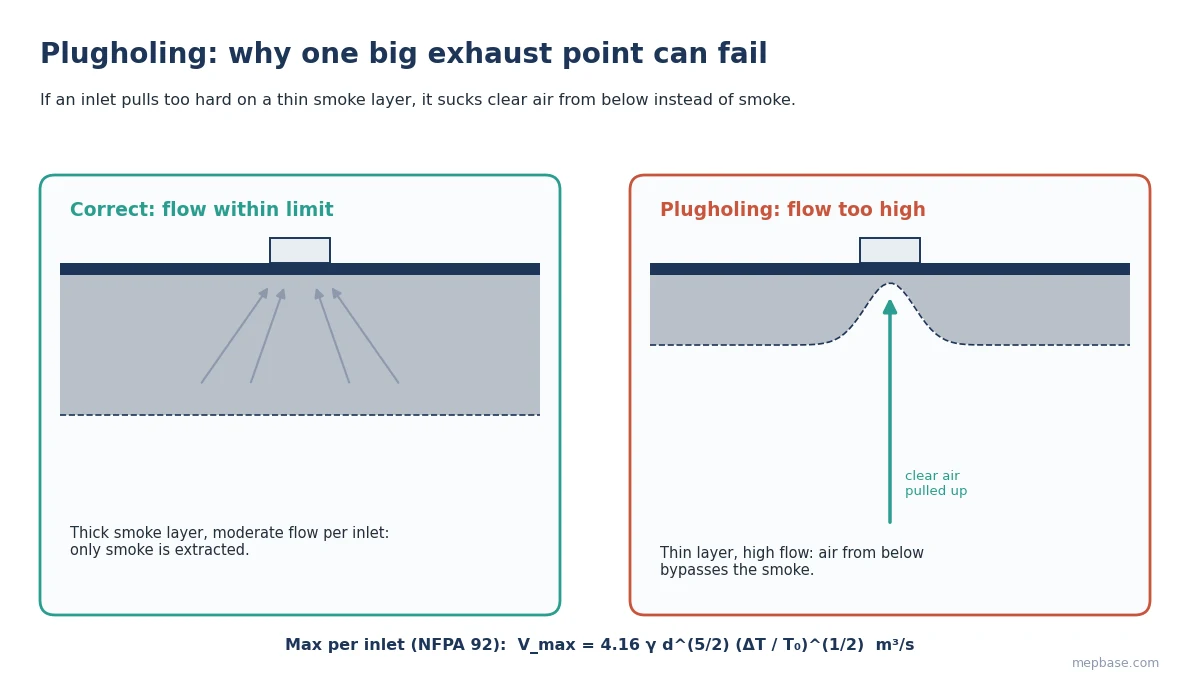 Plugholing diagram comparing a thick smoke layer with moderate exhaust flow and a thin layer where clear air is pulled through